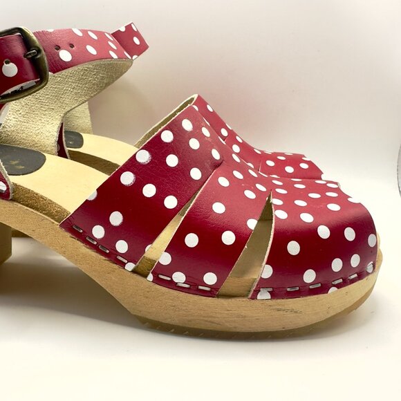 Red & White Polka Dot Wooden Clogs Heels Sandals Peep Toe Leather Womens 8.5 39 - Picture 3 of 6